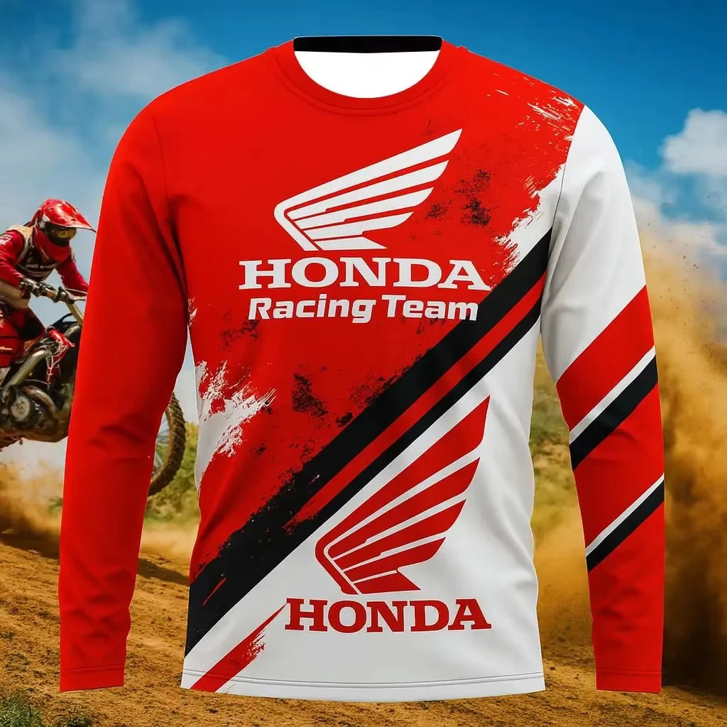 Red and white Honda Racing Team shirt with a dirt bike rider in the background.