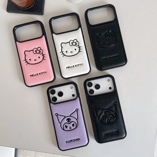 Sanrio Hello Kitty 3D Cute Cartoon Embossing Leather Phone Case For iPhone 17 16 Pro 15 14 13 Pro Max Shockproof Hard Back Cover