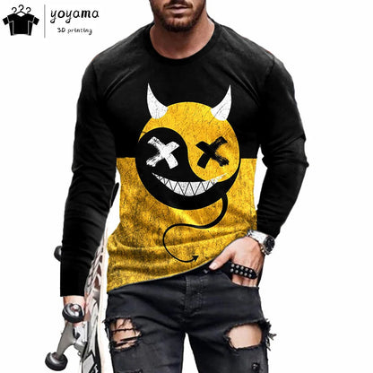 Men’s Casual Long Sleeve O-Neck T-shirt with Funny Pattern Print - Harajuku Street Fashion Top