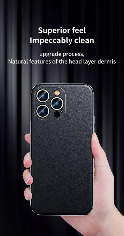 Genuine Cowhide Leather Phone Case for iPhone 16 15 11 12 13 14 Pro Max Luxury Plating Shockproof Lens Protection Back Cover