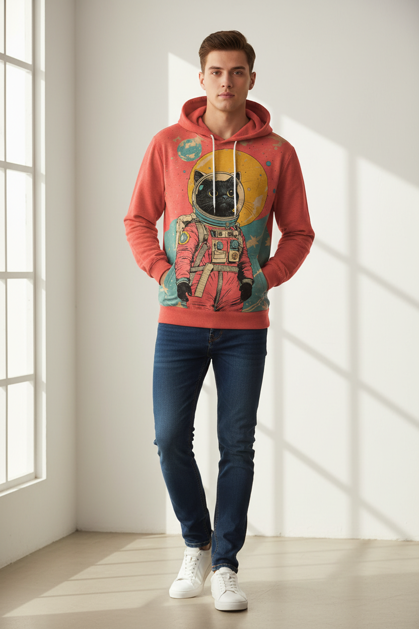 A man wearing a coral pink hoodie with a large graphic of a cat in an astronaut suit, paired with dark blue jeans and white sneakers, standing in a brightly lit room with window shadows.