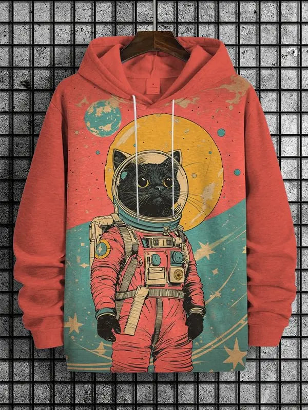 Red hoodie with a cat in an astronaut suit design on a textured background