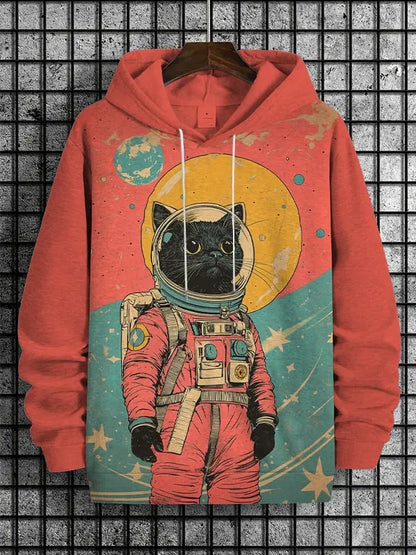 Red hoodie with a cat in an astronaut suit design on a textured background
