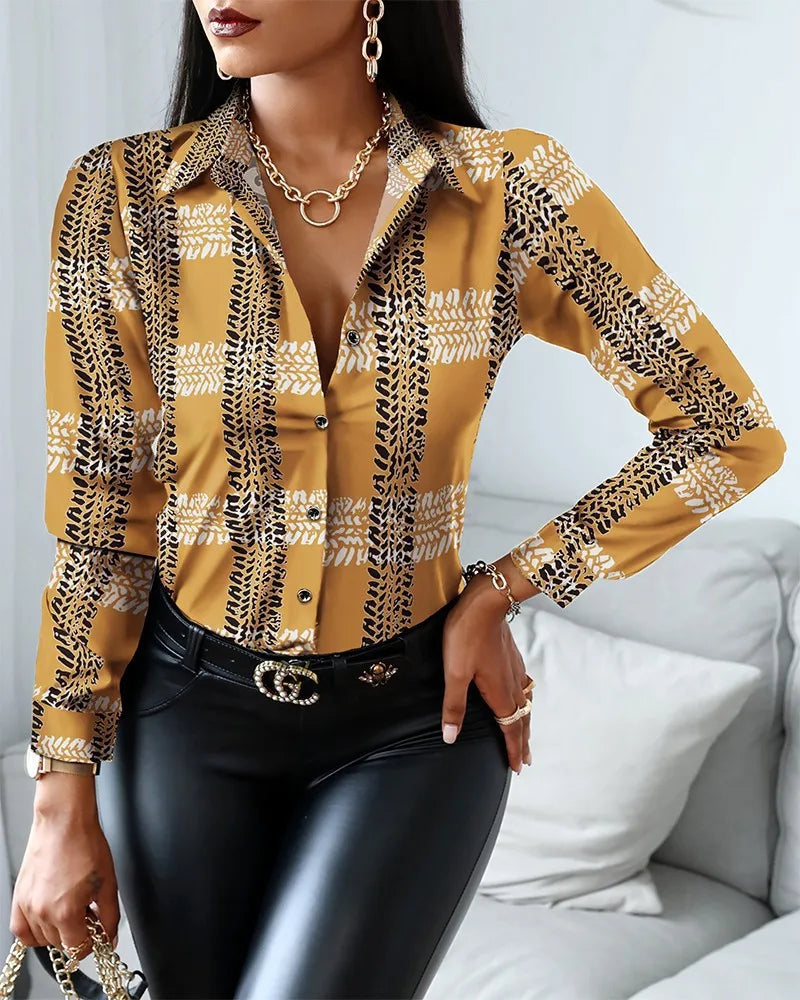 Elegant Women's Fashion Blouse 2025 Spring/Summer Digital Print Shirt Commuter Slim Fit Office Female Blusas Chemise Femme S-3XL