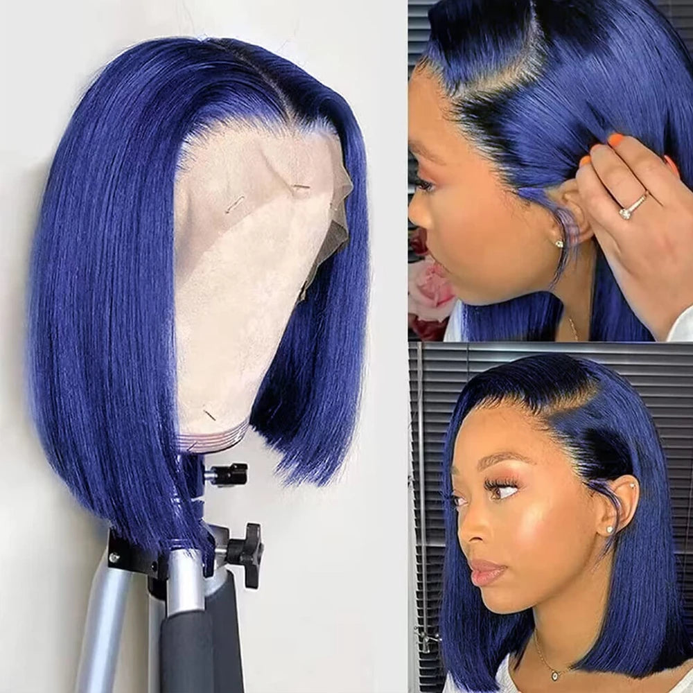 Dark Blue Short Straight Bob Wigs Human Hair 13x4 HD Lace Frontal Human Hair Wigs For Women 200 Density