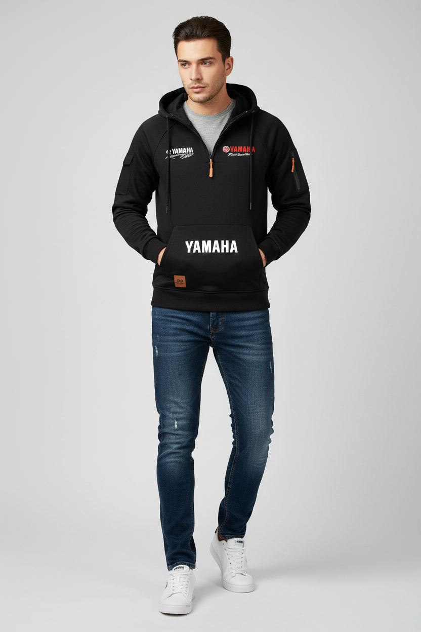 A man modeling a black Yamaha hoodie with a front kangaroo pocket and white logo print, paired with blue jeans and white sneakers, against a light gray studio background.