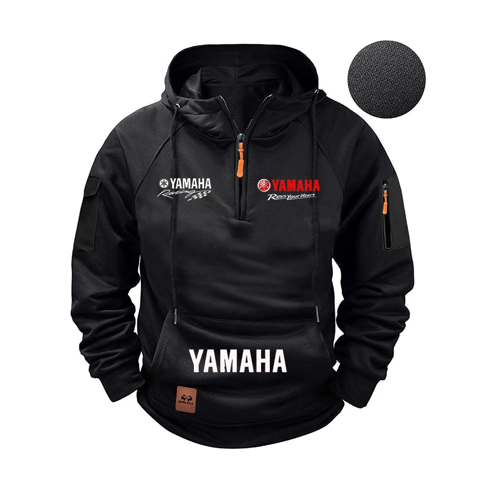 Black Yamaha hoodie with brand logos on a white background