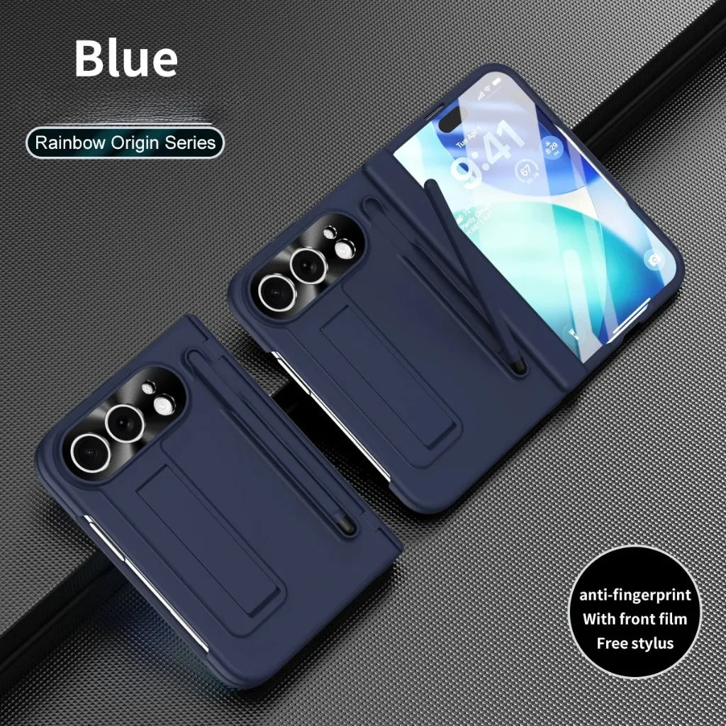 Two navy blue rugged phone cases shown on a dark textured background, one closed and one open with a phone inserted. Text reads 'Blue' and 'Rainbow Origin Series,' with a badge noting anti-fingerprint protection and included stylus.
