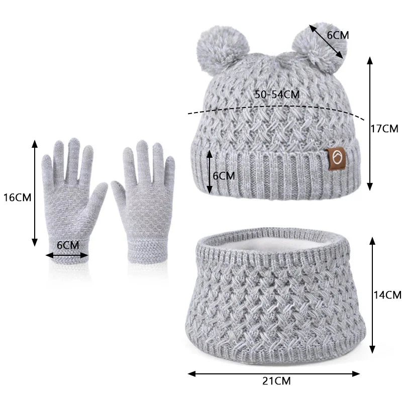 New Children Hats Scarf Gloves Set Cute Bear Colorful Knitted Hat Plus Velvet Warm Hoods Caps for Girls Baby Outdoor Accessories