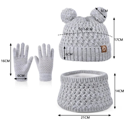 New Children Hats Scarf Gloves Set Cute Bear Colorful Knitted Hat Plus Velvet Warm Hoods Caps for Girls Baby Outdoor Accessories