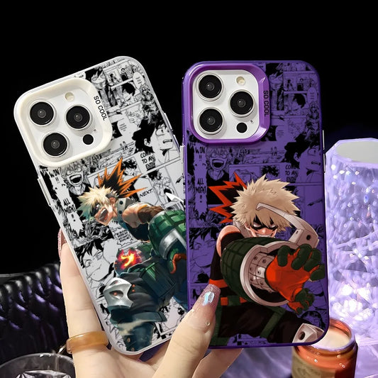 Katsuki Bakugo Anime Phone Case for iPhone 16 15 14 13 12 11 Pro Max - Black Matte Multicolor Laser Metallic Aurora Cover