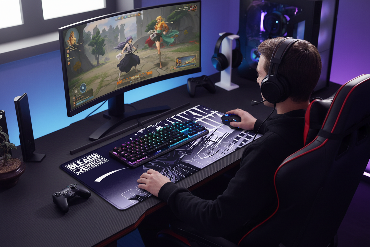Person playing a video game at a gaming setup with a large monitor, keyboard, and mouse.