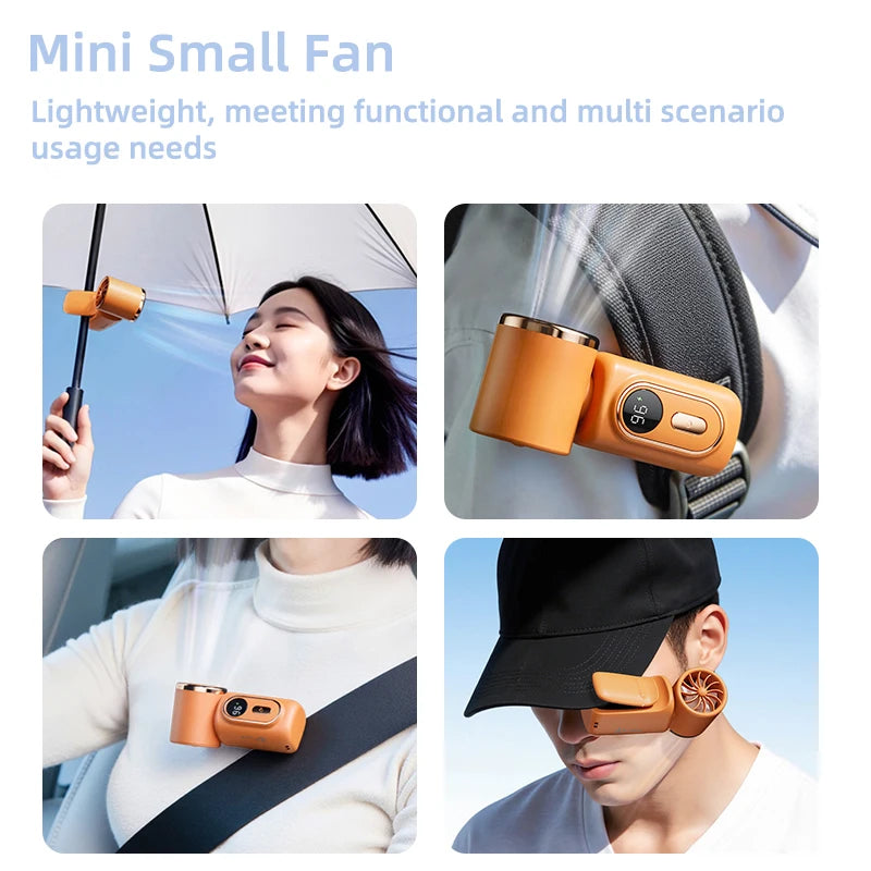 Mini small fan being used by a woman with an umbrella, attached to a bag, worn on a seatbelt, and held near a person's face.