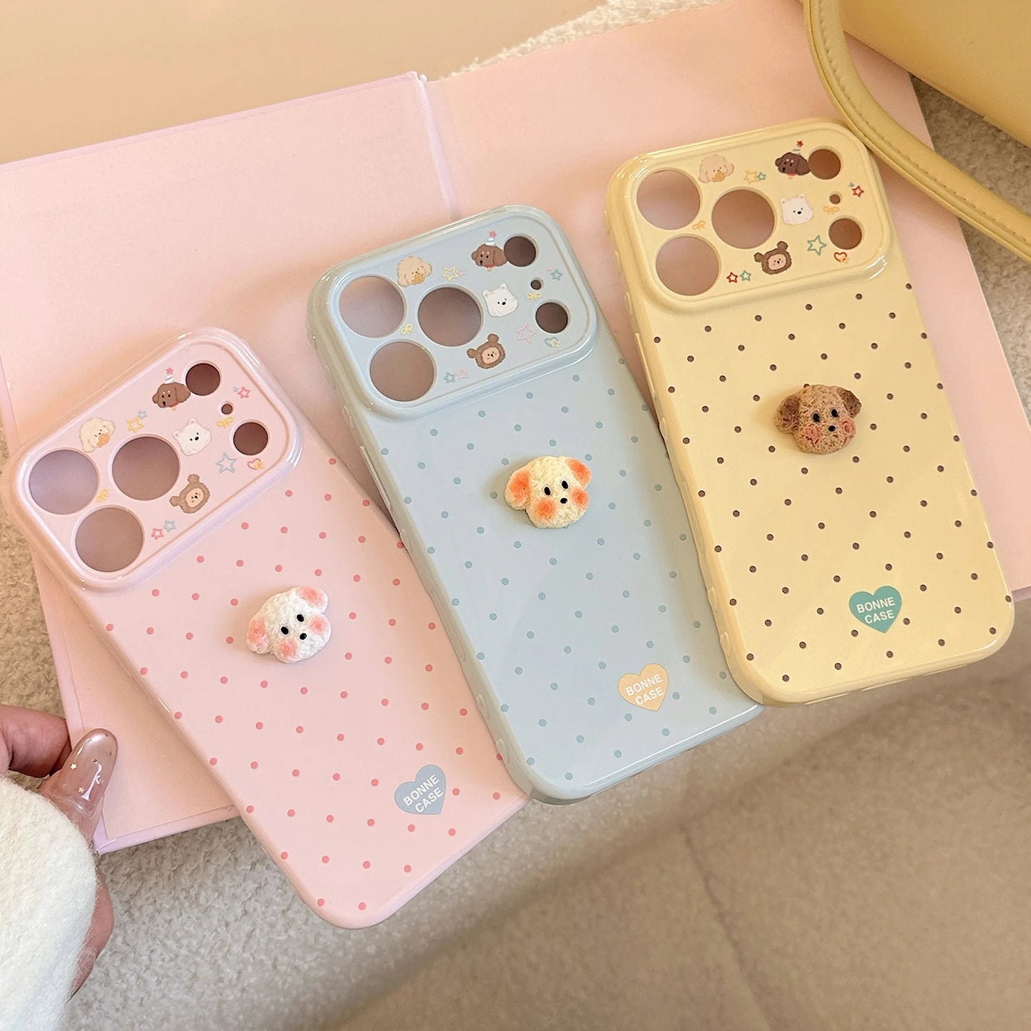 Korean Polka Dots 3D Cartoon Puppy Phone Case For iPhone 17 16 15 14 13 12 Pro Max Candy Colors Shockproof Protective Soft Cover