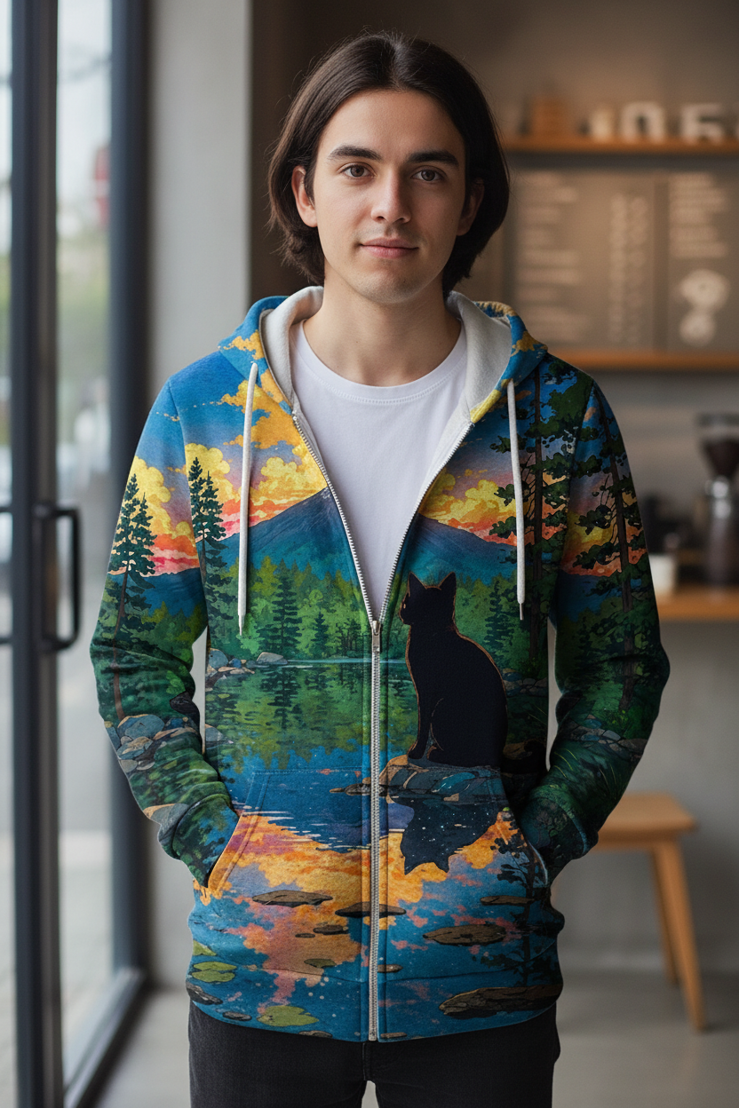 A young man wearing a colorful zip-up hoodie with a scenic landscape print of a lake, mountains, trees, and a black cat silhouette, standing in a modern indoor setting.