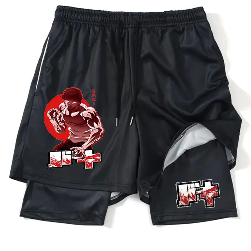 Japanese Anime Print Shorts Man Women Summer New Double-Layer 2-in-1 Shorts Gym Fitness Running Sports Pants Quick-Drying Shorts