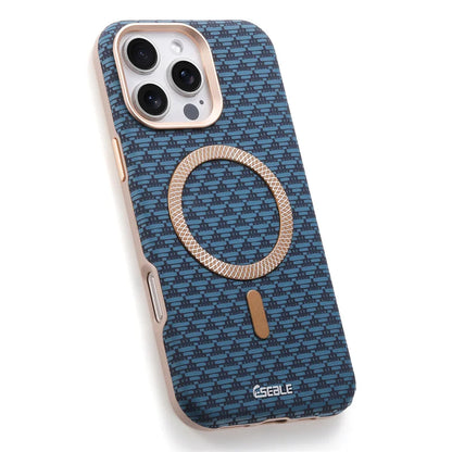 Blue patterned phone case with a rose gold ring holder on a white background
