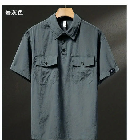 Summer Ice Silk American High-end Workwear Short-sleeved Shirt Men’s Gray British Trendy Retro Loose T-shirt Polo Shirt