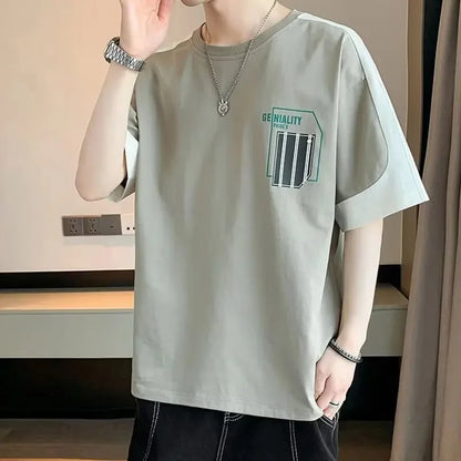 2025 Summer New Men's Short Sleeve T-Shirt Hong Kong Style Loose Fit Versatile Ice Silk Thin Clothing Youth Trendy