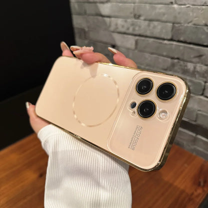 Luxury Large Glass Window for Magsafe Case For iPhone 16 15 14 Pro Max 16Promax 16Pro Plating Magnectic Wireless Charging Cover