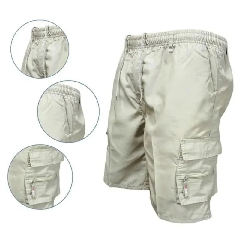 Outdoor Cargo Shorts Male Overalls Elastic Waist Cycling Shorts Multi-pockets Loose Work Sport Knee Length Trousers