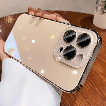Luxury Plating Bumper Armor Glossy Phone Case For iPhone 15 16 Pro Max 14 13 12 11 Crystal Glass Full Lens Protection Back Cover
