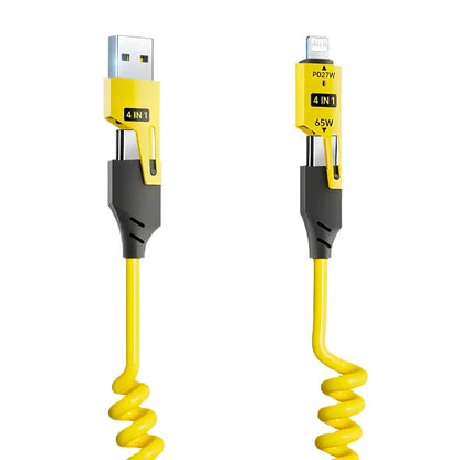 65W Quick Charger Spring USB Cable 4 in 1 Spring Data Cable 6A USB Type C Spring Telescopic Wire for iPhone iPad MacBook Huawei