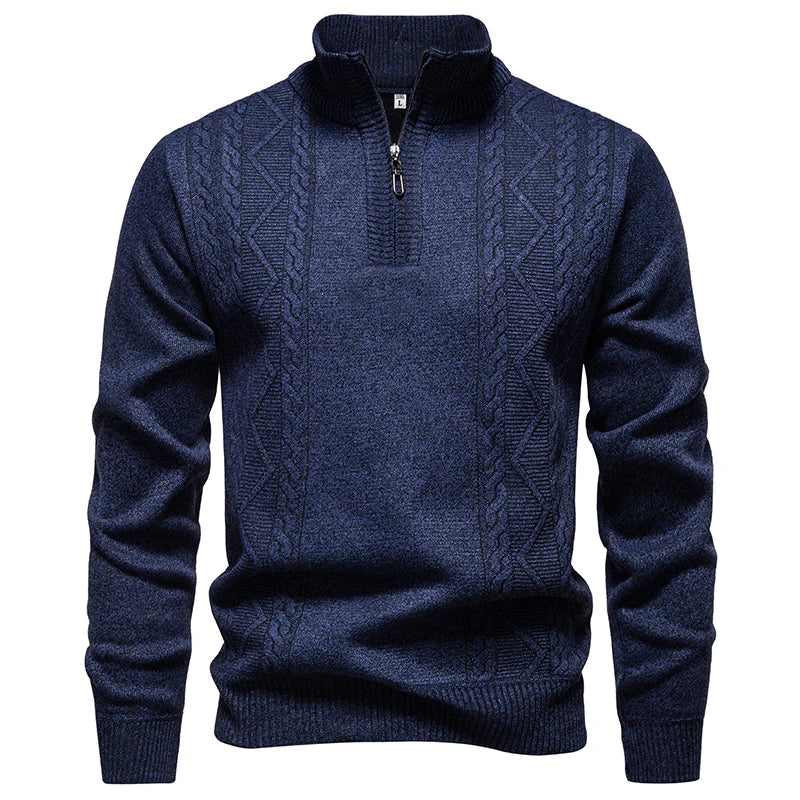 Winter Fleece-Lined Stand Collar Half-Zip Pullover Knitted Sweater for Men,Multi-Color Versatile Casual  Men's Knit Sweater