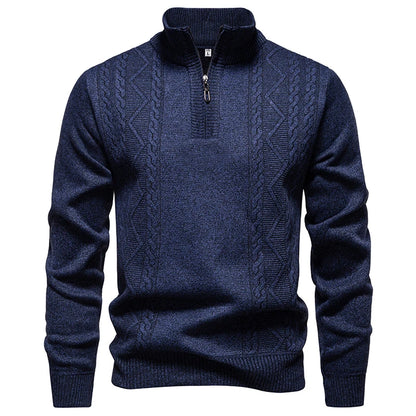 Winter Fleece-Lined Stand Collar Half-Zip Pullover Knitted Sweater for Men,Multi-Color Versatile Casual  Men's Knit Sweater