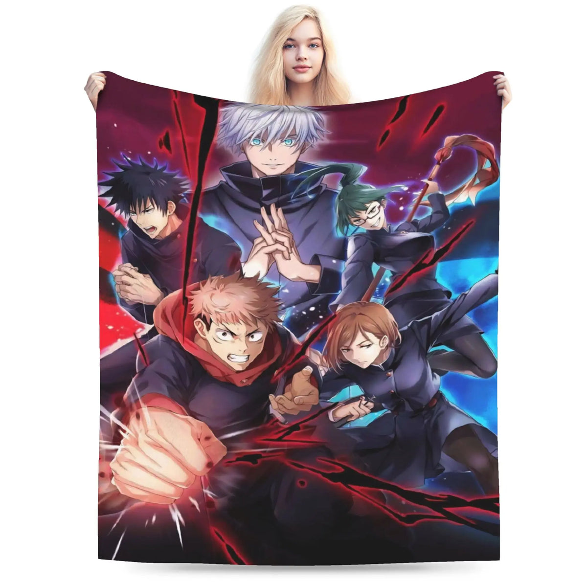 A person holds up a large printed blanket or tapestry featuring anime characters in dynamic poses with red and blue energy effects. Because a person is visible holding the item, the subject_type is classified as Lifestyle.