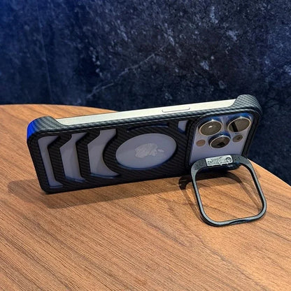 Frameless Fiber Pattern Logo Hole Hollow Magnetic Case for iPhone 12 13 14 15 16 Pro Max Magsafe Lens Stand Flip Bracket Cover