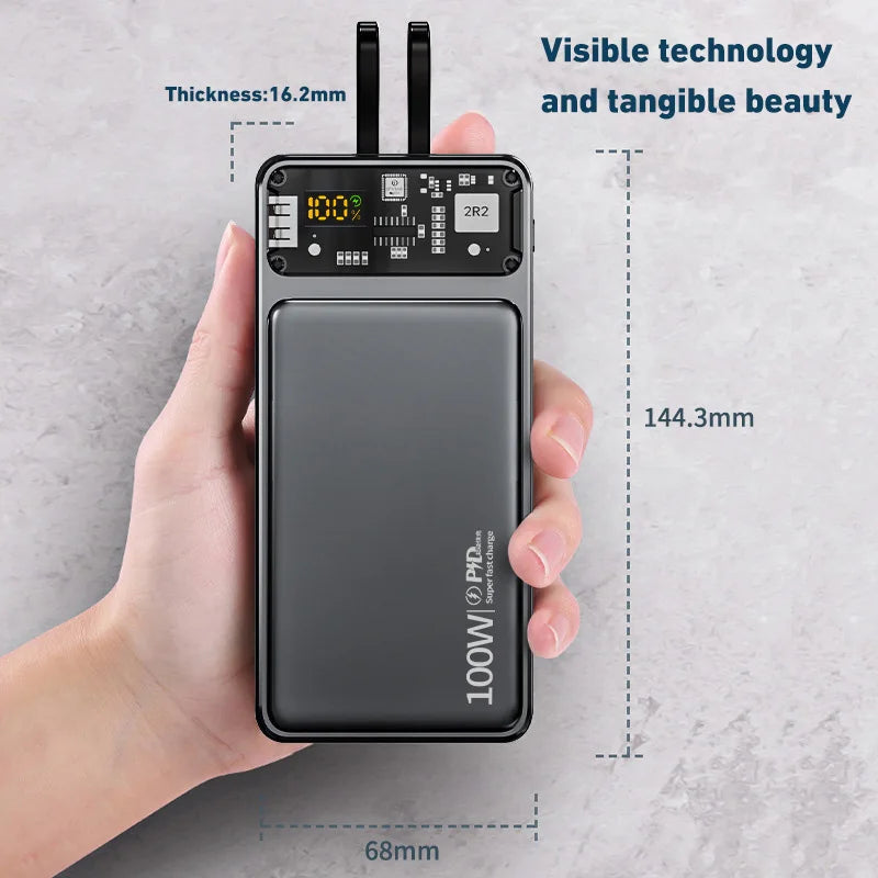 Power Bank With Cables 100W Super Fast Charging Powerbank Portable For iPhone Samsung External Battery