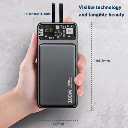 Power Bank With Cables 100W Super Fast Charging Powerbank Portable For iPhone Samsung External Battery