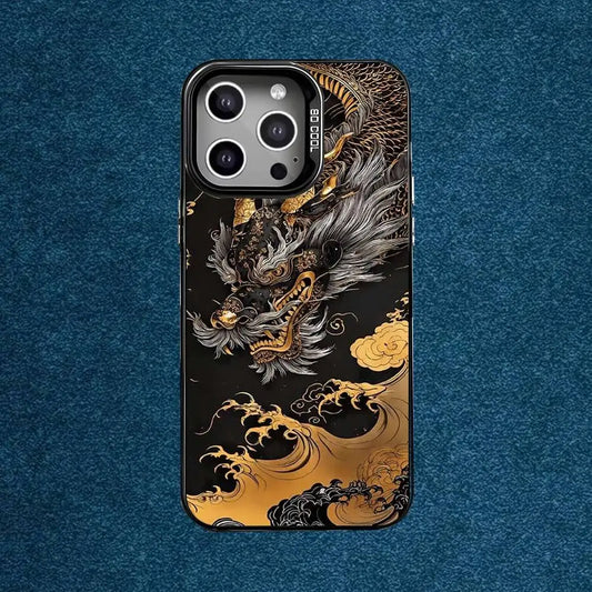 Luxury Dragon Embossed Phone Case For iPhone 16,15,14,13,12,11,Mini,Pro,E,MAX Gray Matte Silicone Black Cover