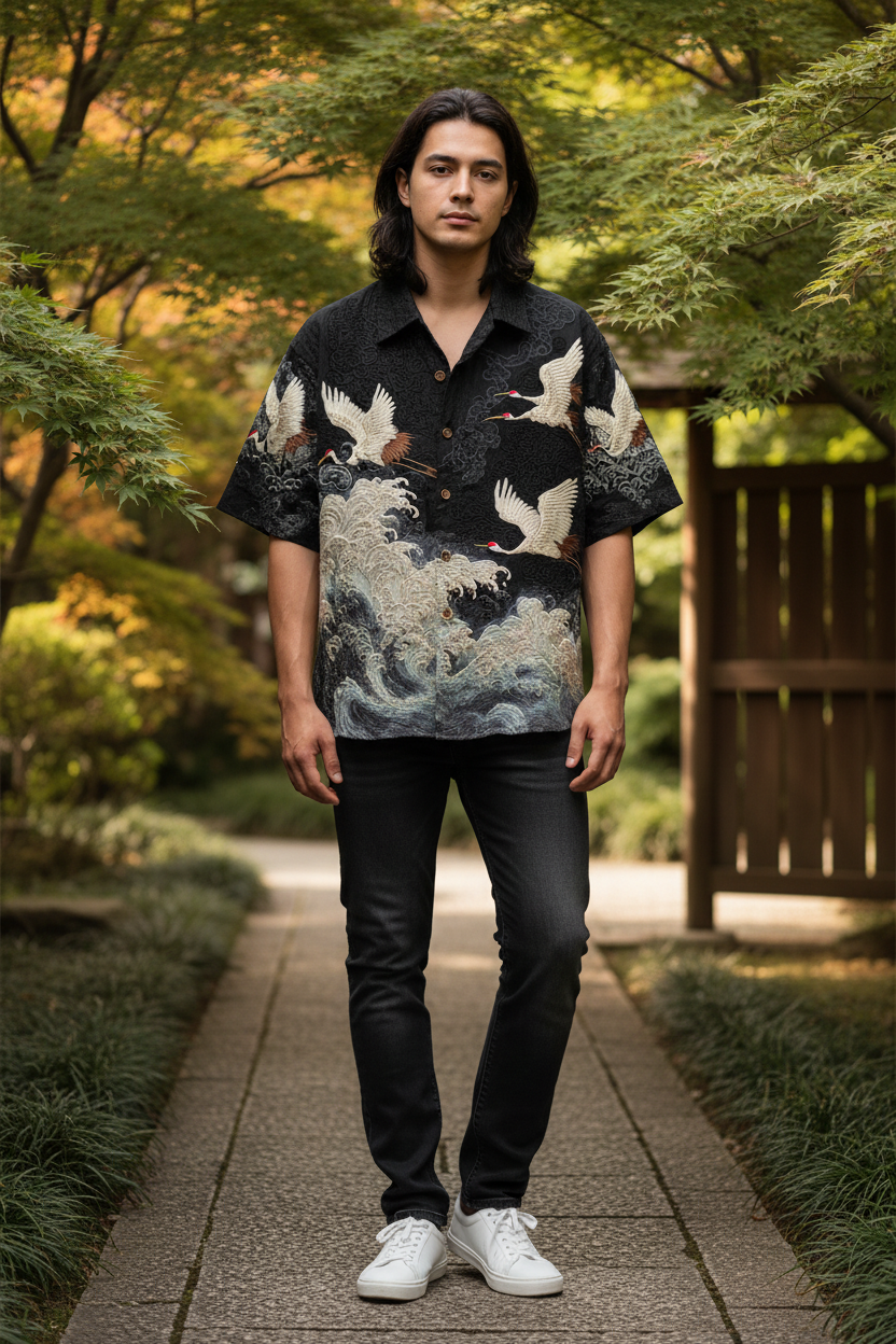 A man stands on a stone path in a garden wearing a short-sleeve button-up shirt with a black, white, and gray crane and wave print, paired with black pants and white sneakers.