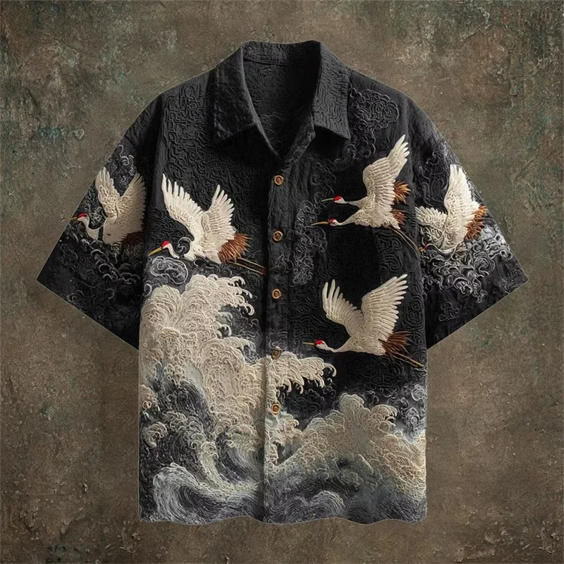 Short-sleeve shirt with crane and wave design on a textured brown background