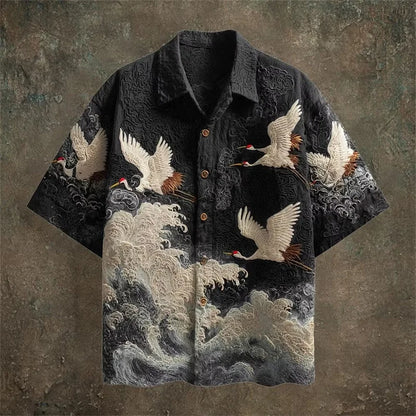 Short-sleeve shirt with crane and wave design on a textured brown background