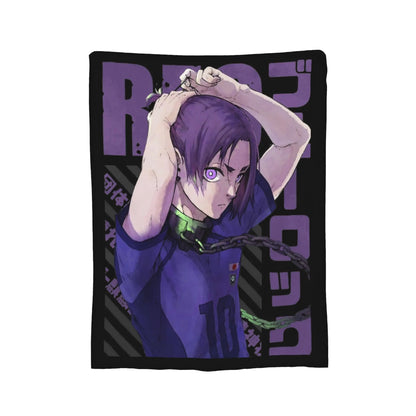 A rectangular wall tapestry featuring an anime-style illustration of a purple-haired character in a blue jersey, with large purple text on a black background, shown against a plain white backdrop.