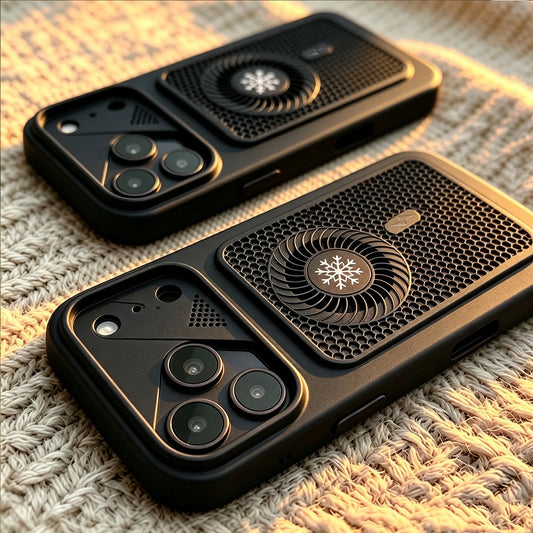 Two black phone cases with built-in cooling fans and mesh grilles, shown from different angles on a textured beige knit blanket.