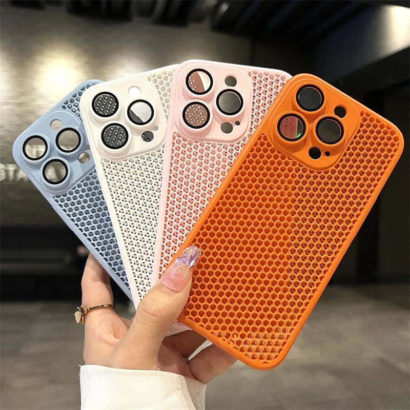 Original Heat Dissipation Breathable Mesh Hole Case For iPhone 16 15 14 11 12 13 Pro Max Plus Lens Protection Shockproof Cover