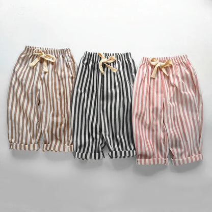 Spring Summer Boys Striped Loose Pants Baby Girl Vintage Casual Linen Cotton Harlan Pants Kids Lace-up Pant Children Clothing