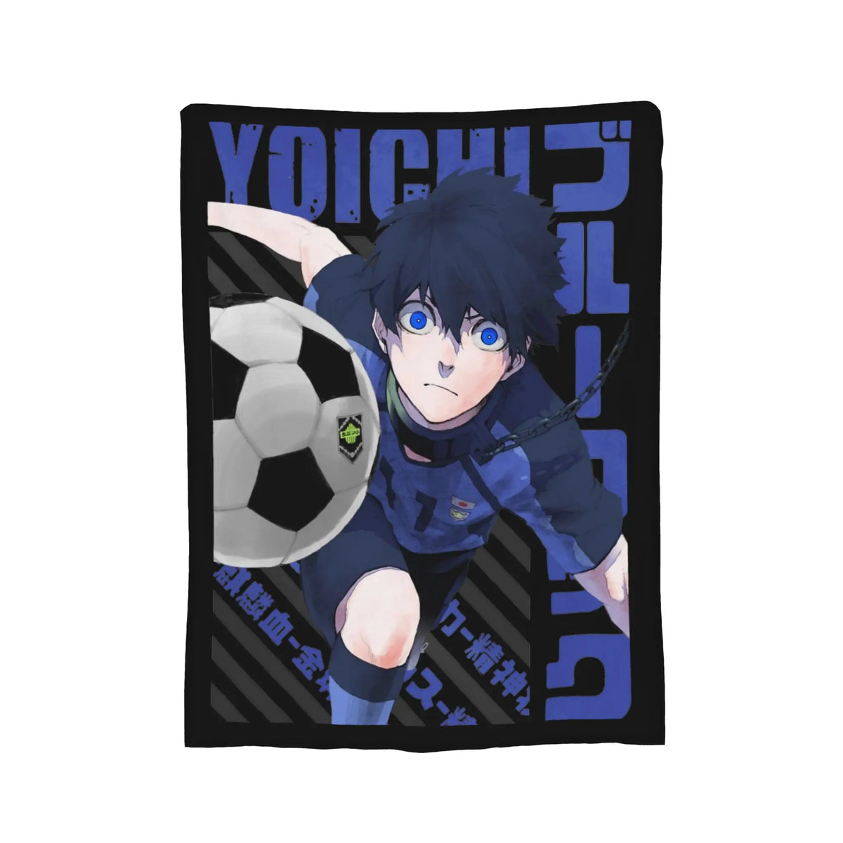 A rectangular printed blanket or mat featuring an anime-style soccer character in a blue uniform with a soccer ball, set against a plain white background.