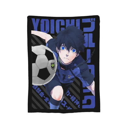 A rectangular printed blanket or mat featuring an anime-style soccer character in a blue uniform with a soccer ball, set against a plain white background.