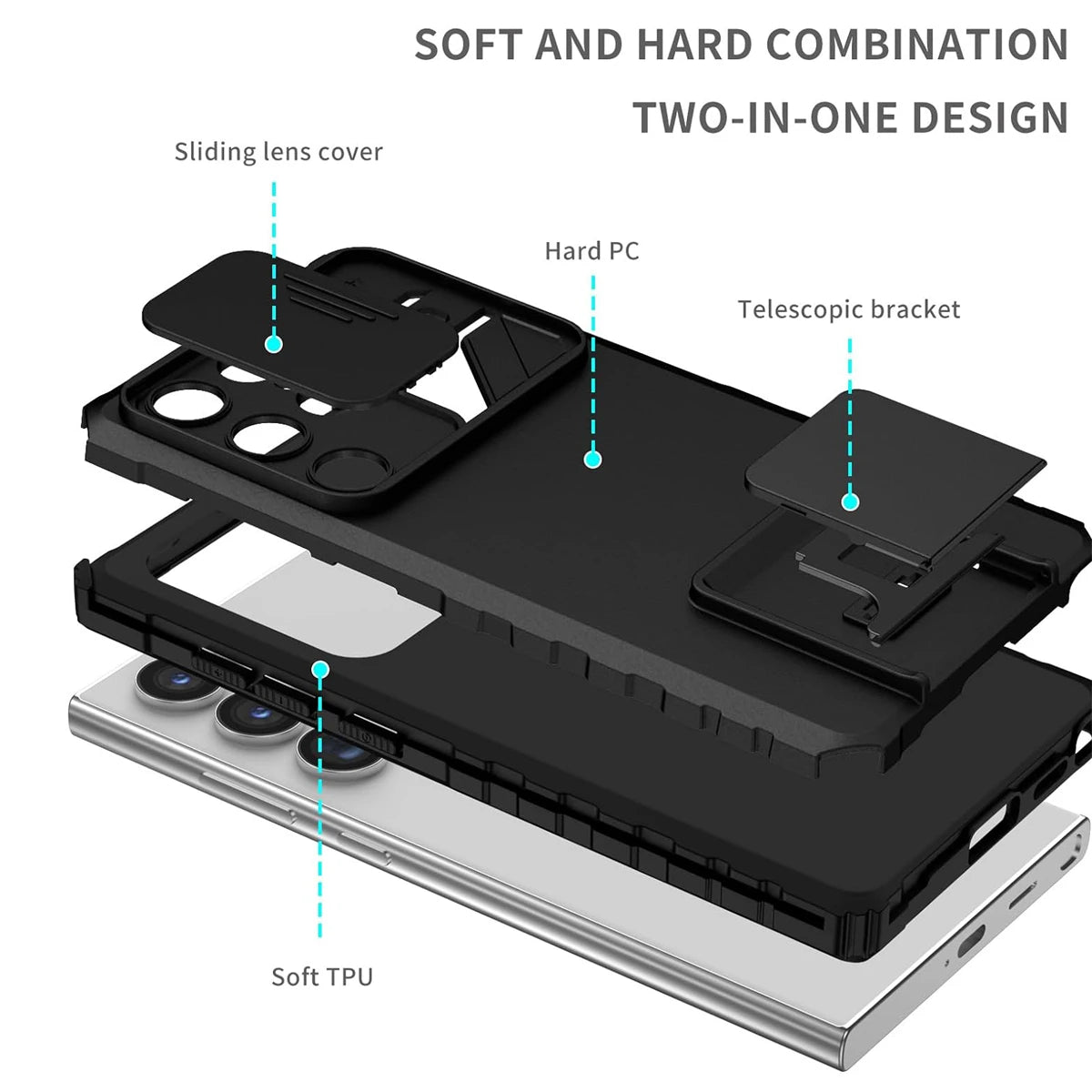 Samsung phone cases with Kickstand Slide Camera Lens Cover Rugged Shockproof Protection Cover Phone Case for Samsung GalaxyS24/S23/S22/S21Ultra/Plus