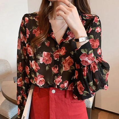 chemisier Flower Print Shirts Women Chiffon Blouse Spring Long Sleeve Sheer Thin Shirt Sunscreen Clothes Tops Blusas Para Mujer