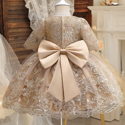 New Years Wedding Princess Dress for Baby Girls Birthday One Year Dress Party Baptism Gala Gown Green Bow Christmas Costume 1-5Y