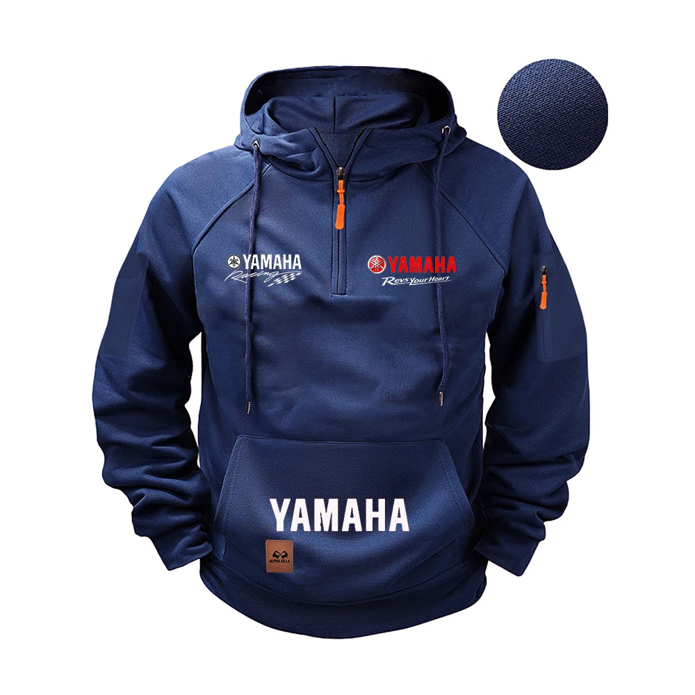Navy blue hoodie with Yamaha branding on a white background