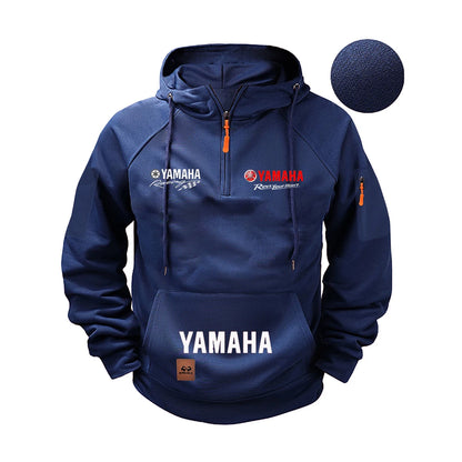 Navy blue hoodie with Yamaha branding on a white background
