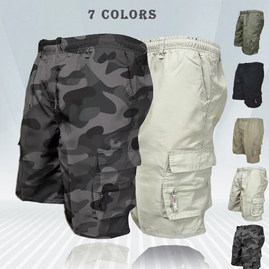 Men's Tactical Shorts Summer Casual Cargo Shorts Knee-length Multi-pockets Elastic Waist Work Hiking Overalls Short Pants Male