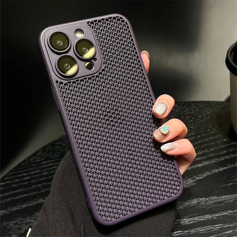 Original Heat Dissipation Breathable Mesh Hole Case For iPhone 16 15 14 11 12 13 Pro Max Plus Lens Protection Shockproof Cover